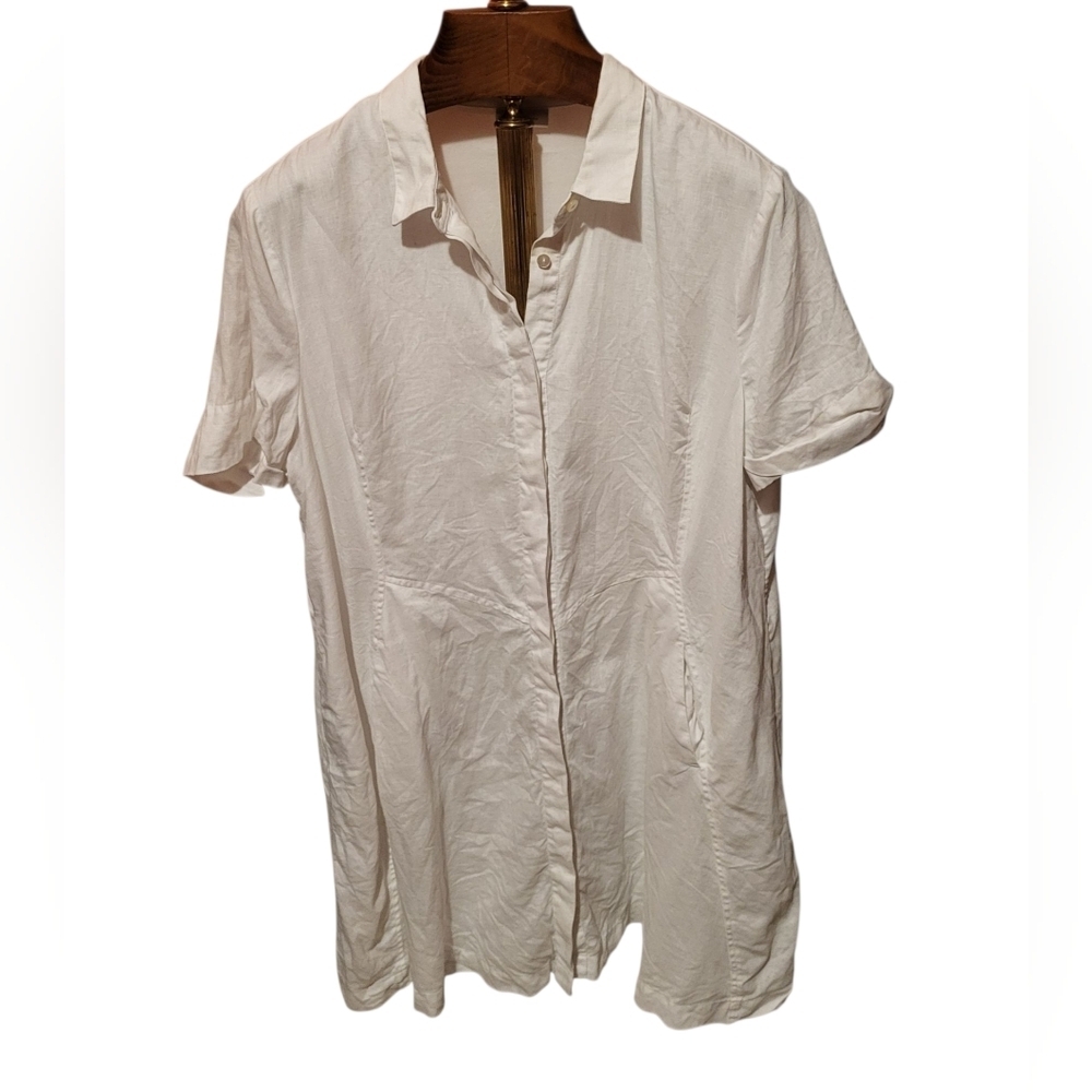 J Jill Love Linen White Collared Short Sleeve Button Down Shirt Dress Size XL P